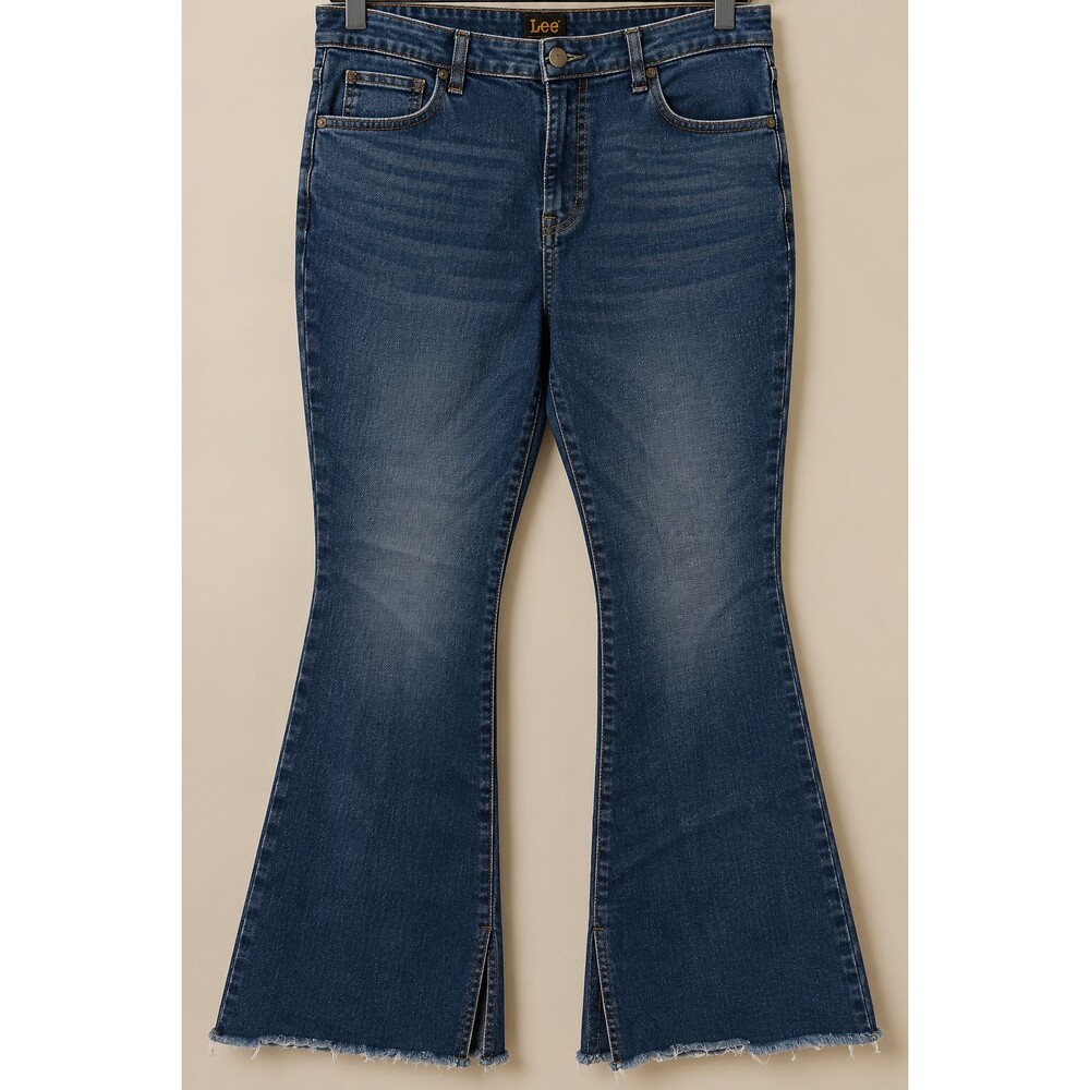 Lee Flare Jeans Womens 16 Dark Wash Stretch Raw Hem Slit Leg High Rise Denim